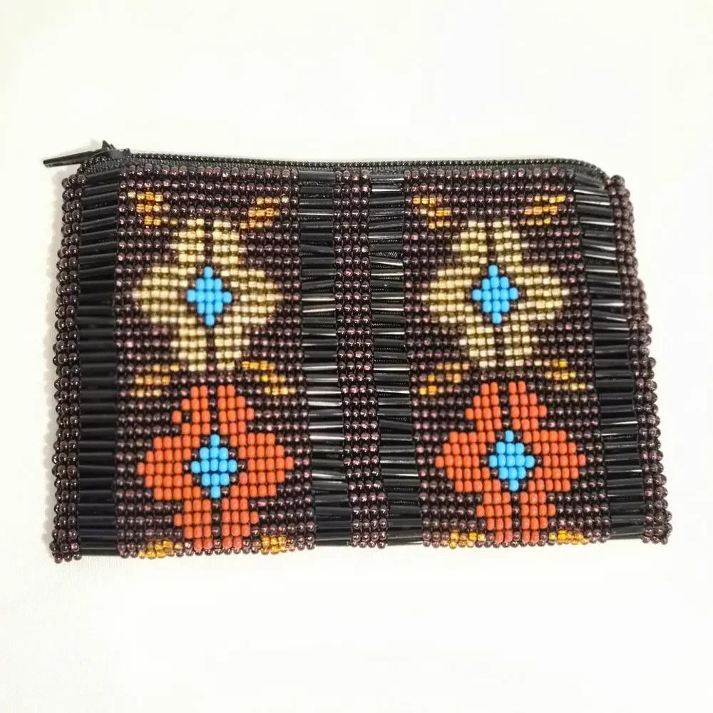 Vintage Beaded Coin Purse Boho Southwestern Geometric‎ Floral Seed Bead Pouch